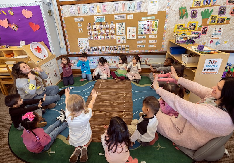 Teachers in the Head Start program lead the children through calming breathing exercises Thursday, Jan. 23, 2025.