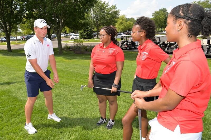 Caleb Surratt, of Legion XIII, teaches the Masterclass during media day before LIV Golf Chicago at Bolingbrook Golf Club on Tuesday, June 17, 2025, in Bolingbrook.