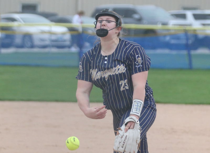Marquette's Taylor Cuchra fires a pitch to St. Bede on Thursday, April 18, 2024 in Ottawa.
