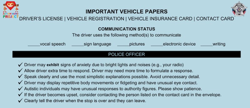 The Antioch Police Department is rolling out a simple blue envelope with a powerful purpose: making traffic stops safer and less stressful for drivers with autism and other communication challenges. This is the front of the envelope.