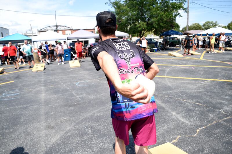 Josh Hess, of Momence, competes in the cornhole tournament in Momence on Sunday, Aug. 10, 2025. The tournament was the largest of it's kind for the area with 162 participants.