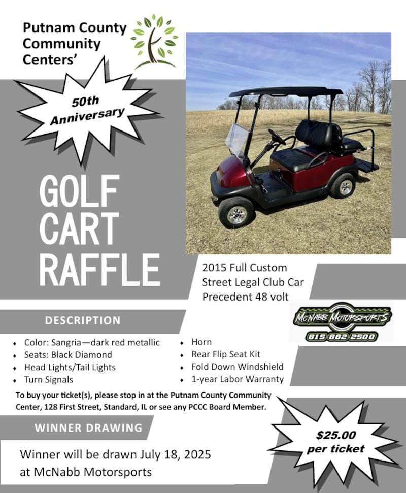 Putnam County Community Center celebrates its 50th anniversary year and will raffle off a golf cart Friday.
