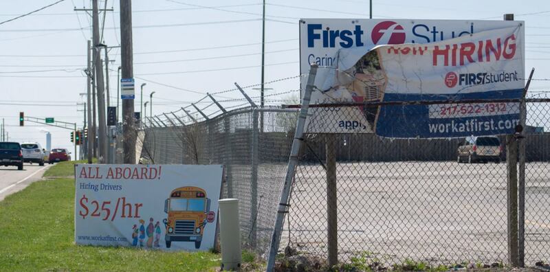 A hiring sign at First Student’s bus depot in Springfield has been posted for months.