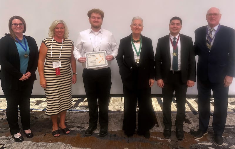 A longtime IVCC trustee and a successful College-business partnership were recognized recently as the Illinois Community College Trustees Association honored outstanding people and programs in the state community college system. Attending the recent recognition ceremony were (from left) Vanessa Mendez and Heather Bomstad of OSF Healthcare (receiving the Business-Industry Partnership Award), student nominee Ashton Watkins, retired Trustee Jane Goetz (receiving the Ray Hartstein Trustee Achievement Award), and alumni nominees Edgar Lucero Castillo and Walt Zukowski.