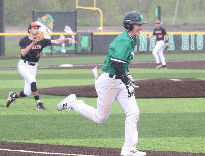 Seneca's Casey Klicker is thrown out at first base by Roanoke-Benson/Lowpoint-Washburn pitcher Lane Martin on Thursday, May 1, 2025, at Seneca High School.