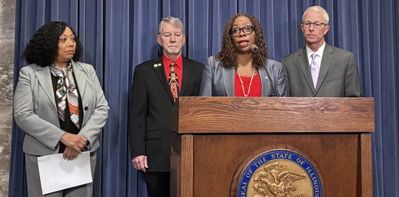 Matteson Village President Sheila Chalmers-Currin speaks alongside leaders of the Illinois Municipal League at a news conference in Springfield on March 4, 2026.