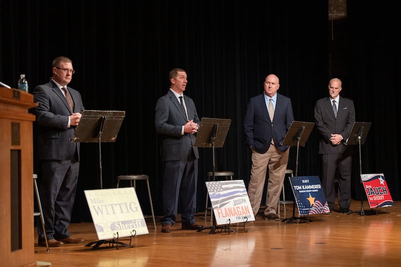 Candidates for Bureau County Sheriff, (from left) Mike Wittig, Joseph Flanagan, Tom Kammerer and Edward Jauch answer questions at the Bureau County Sheriff Forum on Tuesday, March 3, 2026 at Princeton High School's Auditorium.