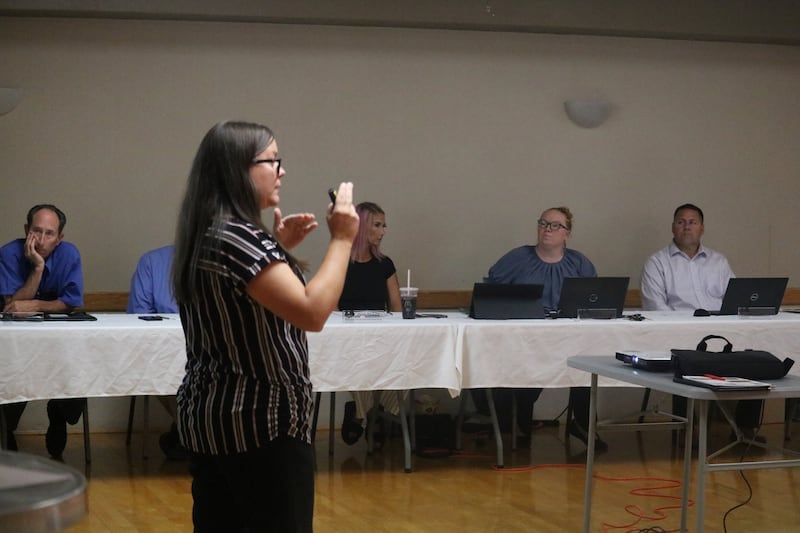 Maria Blood, principal landscape architect for Upland Design, briefs the DeKalb Park Board Sept. 18, 2025, on where plans for Prairie Park stand.