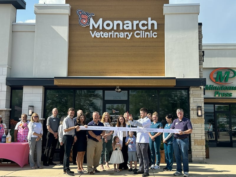 Owners, staff and St. Charles City Officials helped cut the ribbon outside Monarch Veterinary Clinic on Wednesday, July 7, 2025 at 1574 E. Main St. (Route 64) in St. Charles.