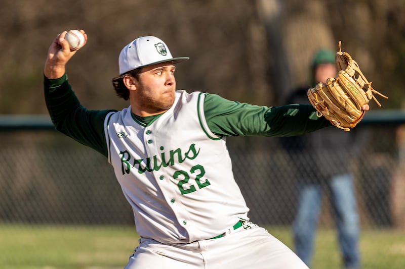 Alan Spencer (22) of St. Bede pitches on Tuesday, April 15, 2025 at St. Bede Academy in Peru.