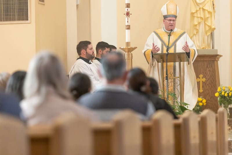 Bishop Louis Tylka speaks to the crowd at Mass at St. Hyacinth Church in La Salle during the National Eucharistic Pilgrimage on Monday, May 19, 2025.