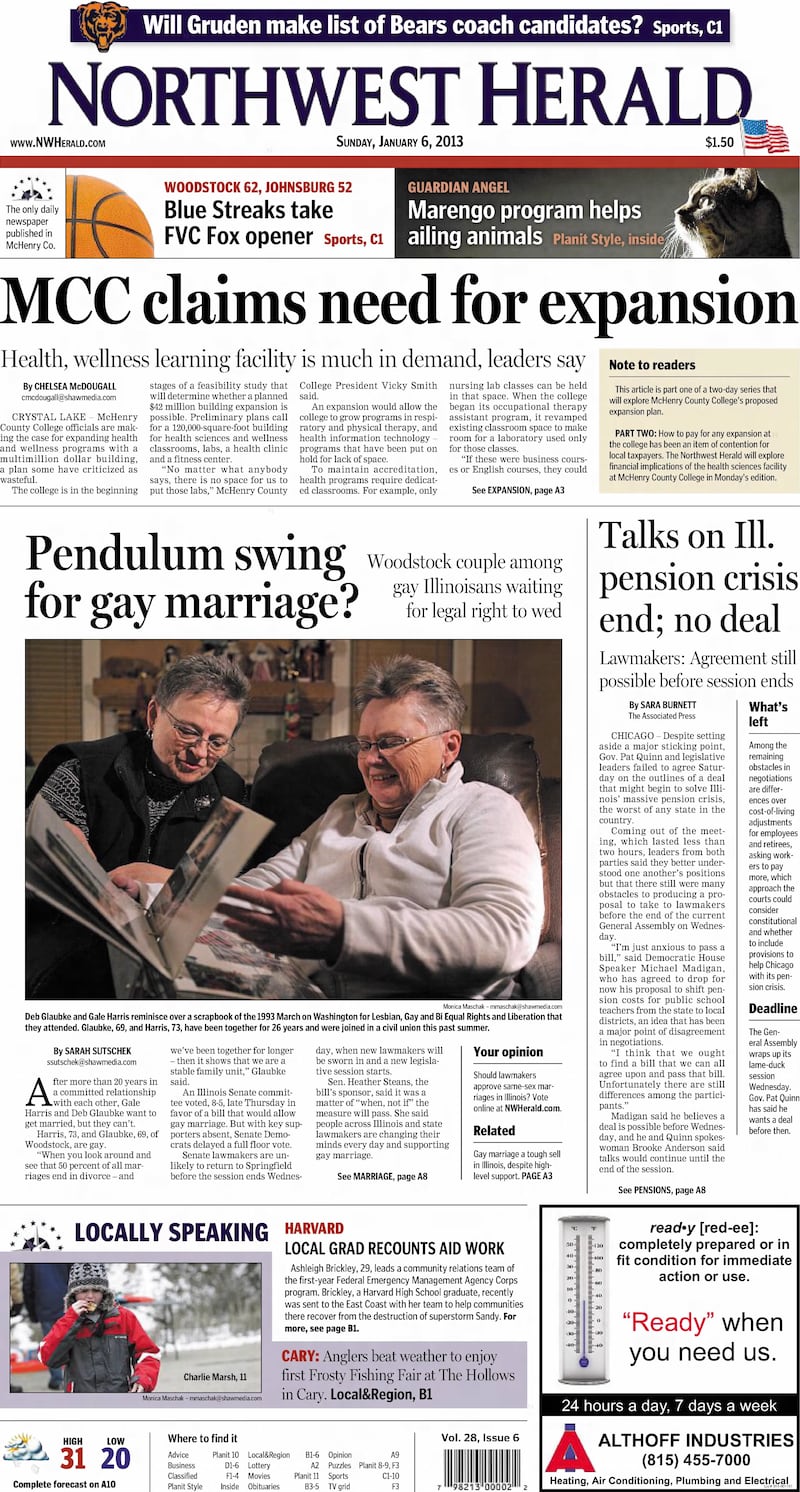 The Northwest Herald front page for January 6, 2013
