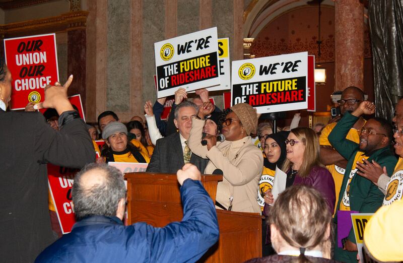 State Rep. Yolonda Morris speaks at a rally with rideshare drivers Wednesday Jan. 21, 2026, in the Illinois State Capitol. Drivers and lobbyists met with legislators to ask for support on a bill that would give rideshare drivers the right to unionize.