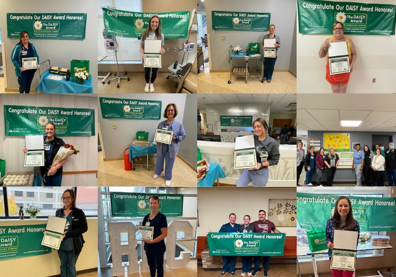 Riverside Healthcare celebrates its 2025 DAISY Award winners. Top row (from left): Macy Kranz, Dominique Yonke, Kristin Siefert, Sharon Gardner; middle row (from left): Taylor Miedona, Tammy Mylcraine, Alanna Glogowski, the Acute Rehab Team; bottom row (from left): Mary Iwen, Carrie O’Connor, Ryan Whitesell, Amy Zarnowski, Ethan LeBeau, Sarah Himes.