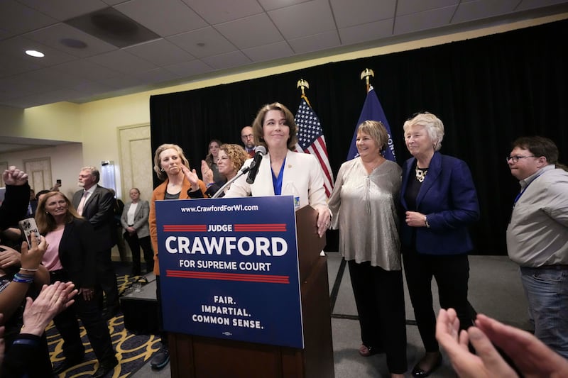 Wisconsin Supreme Court candidate Susan Crawford speaks during her election night party after winning the election Tuesday, April 1, 2025, in Madison, Wis. (AP Photo/Kayla Wolf)