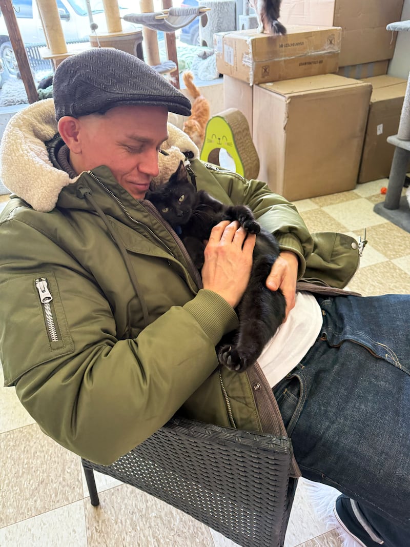 Charlie Hunnam, lead actor in the Netflix true-crime series, “Monster," interacts with a cat at River Valley Animal Rescue's Cat Oasis in Momence during a filming day.