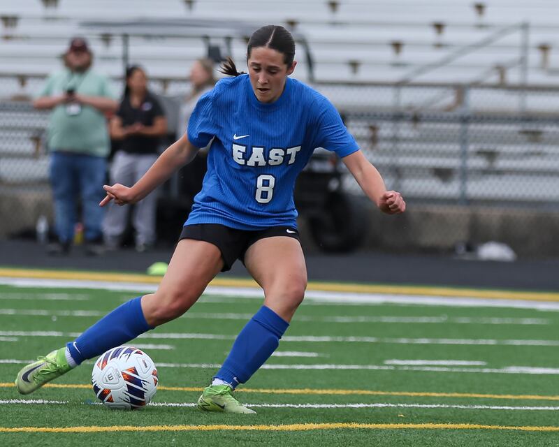 Lincoln-Way East's Adelyn Thomas (8) scores a goal during the Class 3A Joliet West Sectional semi-final soccer match between Lincoln-Way West at Lincoln-Way East. May 27, 2025.