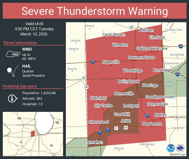 Joliet area under severe thunderstorm warning Tuesday night.