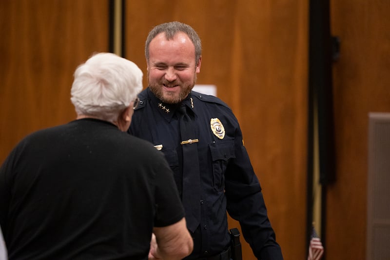 Rock Falls Police Chief Ryan McKanna shakes hands with Mayor Rod Kleckler after being sworn in on Tuesday, Dec. 16, 2025.