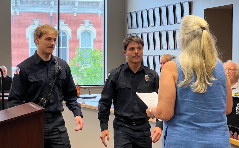 Kevin Finnelly and Sam Carlson became the newest members of the Sycamore Fire Department after they were sworn into their new positions by Sycamore Clerk Mary Kalk on May 18, 2026.