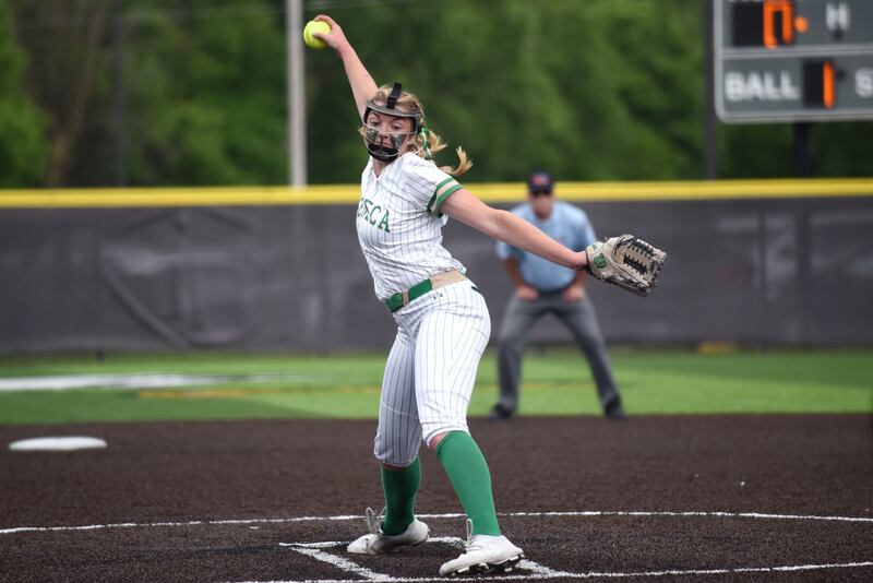 Seneca's Tessa Krull throws a pitch during the Class 2A Seneca Sectional semifinals against Beecher Friday, May 30, 2025.