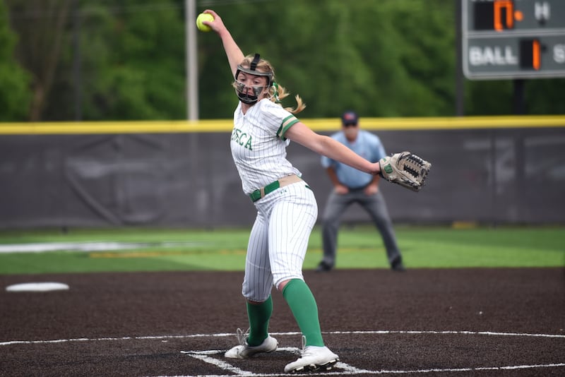Seneca's Tessa Krull throws a pitch during the Class 2A Seneca Sectional semifinals against Beecher Friday, May 30, 2025.