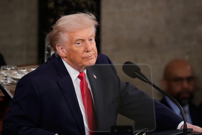 President Donald Trump delivers his State of the Union address to a joint session of Congress in the House chamber at the U.S. Capitol in Washington, Tuesday, Feb. 24, 2026. (AP Photo/Alex Brandon)
