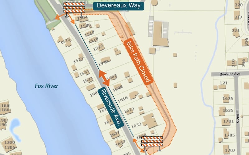 A ruptured water main in St. Charles led to the temporary closing of a bike path located behind the 1600 block of Riverside Avenue on May 7, 2026.