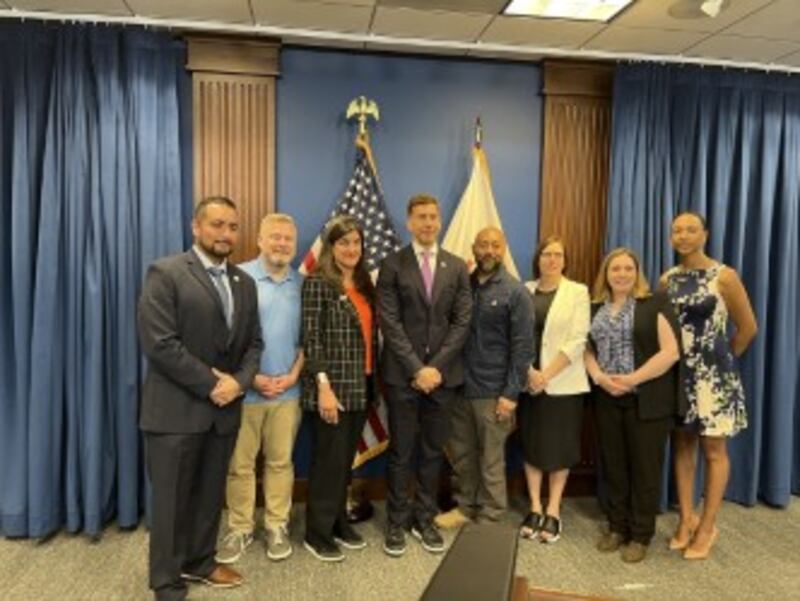 State officials including Sen. Rachel Ventura, D-Joliet, join Illinois Secretary of State Alexi Giannoulias at a press conference Thursday on the improper use of a Mount Prospect license plate reader to track a woman seeking abortion services. June 12, 2025