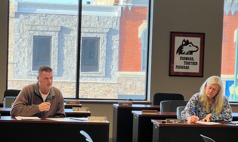 Sycamore Community Development Director John Sauter talks to the Sycamore planning and zoning commission on April 14, 2025, as Sycamore Clerk Mary Kalk takes notes.