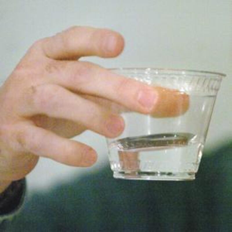 Judges carefully check the clarity of water samples at Kane County Water Association's annual water taste test held Thursday at Lincoln Inn Banquets in Batavia.