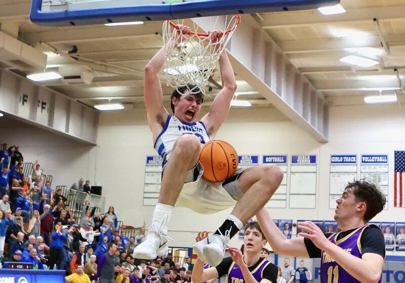 Princeton's Noah LaPorte throws down a dunk to give the Tigers a 49-44 lead late in Wednesday's regional semifinal game against Mendota at Prouty Gym. The Tigers won 54-47.