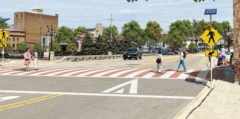 Artists renderings of the intersection of the Fox River Trail and Illinois Avenue, just west of the Fox River, from the 2023 St. Charles Bicycle and Pedestrian Plan, which identified the crossing as a high-priority location for improvement.