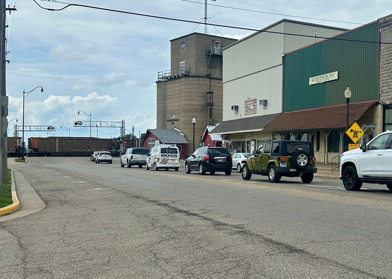 Motorists wait for a freight train to pass at the crossing along North Main Street on Tuesday, June 9, 2026 in Princeton.