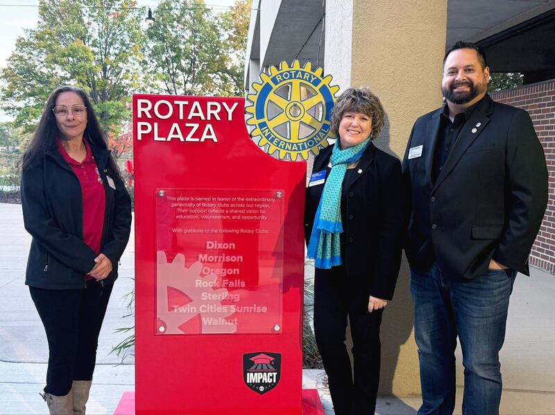 Sauk Valley Community College invites Rotarians to commemorate the monumental $150,000 gift from Rotary clubs in District 6420 and the naming ceremony of SVCC’s Rotary Plaza. Pictured (from left) are Tina Curtis, Rotary District 6420 Governor Elect; Melissa McCormick, Rotary District 6420 Governor; and Allen Przysucha, Rotary District 6420 Assistant Governor.