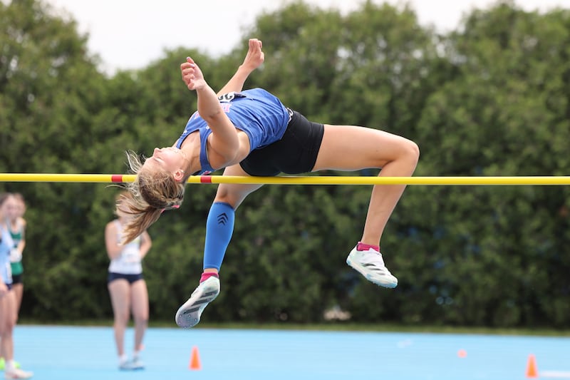 Rosary’s Katie Kostro competes in high jump during the IHSA Class 2A Girls Track & Field State Finals on Saturday, May 24, 2025.