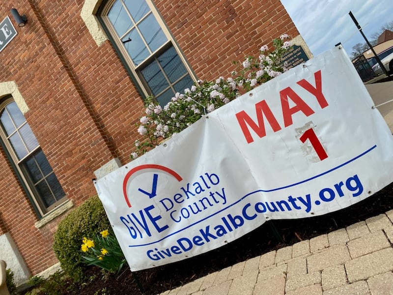 A sign for Give DeKalb County, the 24-hour fundraiser that supports nonprofits across the county, sits outside the DeKalb County Community Foundation building, 475 DeKalb Ave., Sycamore, on Friday, April 25, 2025. The fundraiser is May 1, 2025.