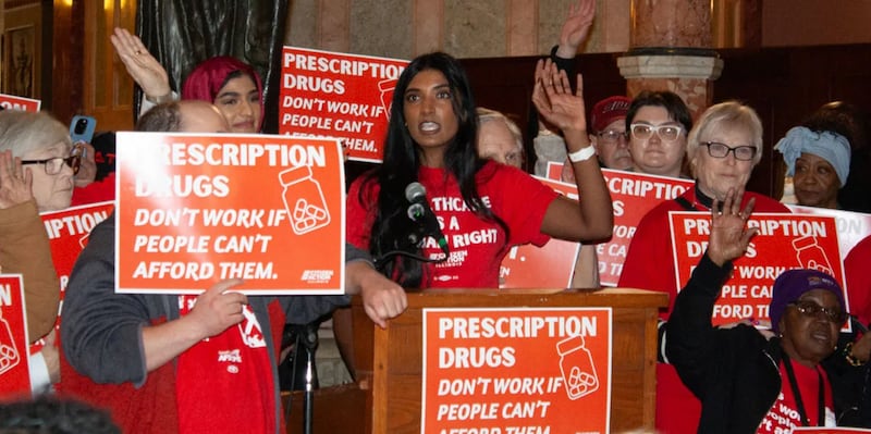 Citizen Action/Illinois Executive Director Anusha Thotakura speaks at a rally at the state capitol building on Feb. 17. Citizen Action rallied in support of legislation to establish a prescription drug affordability board.