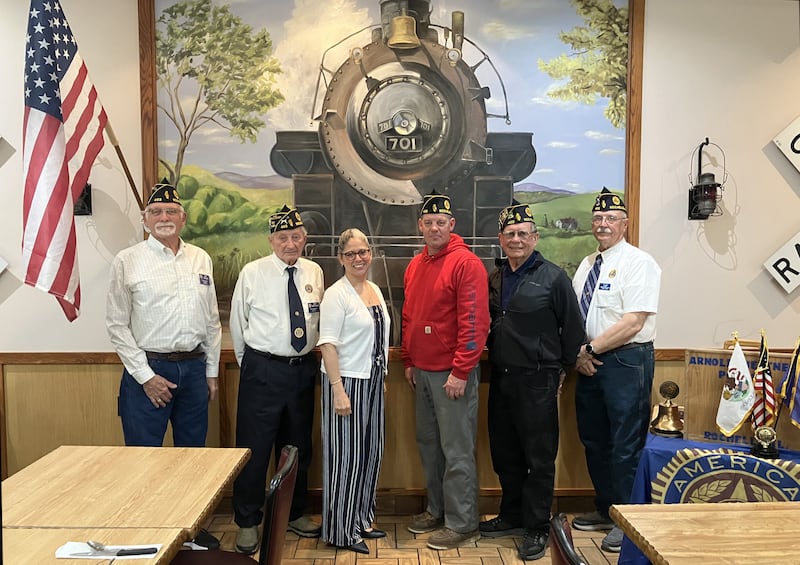 American Legion Post 403 held its April meeting at the Iron Skillet Restaurant at the Petro Truck Stop on April 8. Luz Gilkey presented on her experience in the military. From left to right, Eric Welles (finance officer), Gary Tarvestad (sergeant at arms), Gilkey, Russel Henson (senior vice commander), Chuck Roberts (commander) and Steve Korth (adjutant).