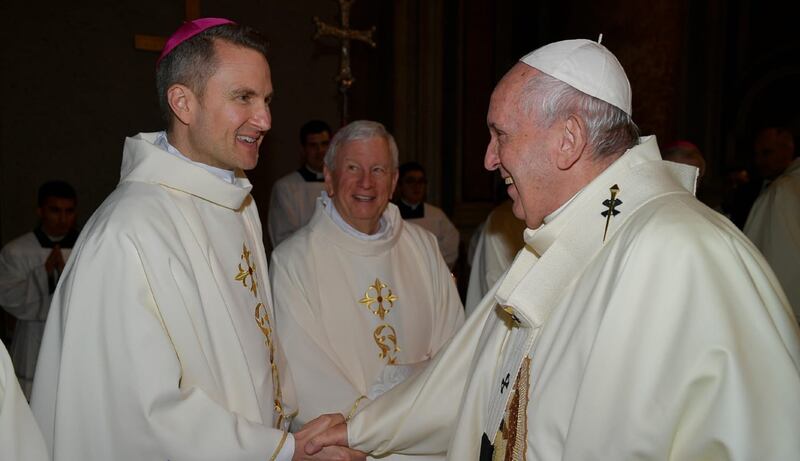 Bishop Ronald Hicks (left) meets with Pope Francis at the Vatican in December 2019. Hicks was installed as the bishop for the Diocese of Joliet in September 2020.