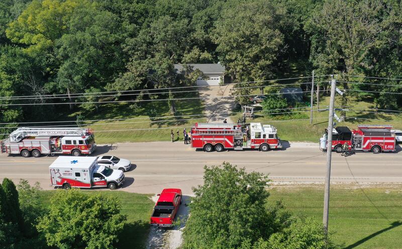 An aerial view of emergency personnel from La Salle, Peru, Wallace, and Utica work the scene of a structure fire in the 800 block of U.S. Route 6 on Tuesday, Aug. 26, 2025 near Utica. The incident happened shortly after 3p.m.
