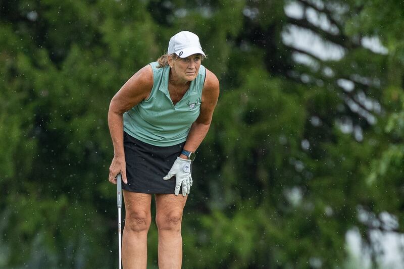 Kristen McClendon of Deer Park watches her putt roll on green on Saturday, August 10, 2025 at the annual Illinois Valley Women's Golf Tournament at Edgewood Golf Club in McNabb.