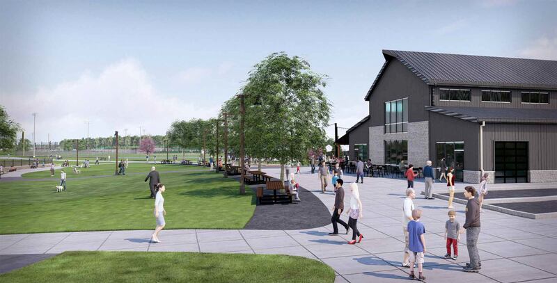 A 3D visualization shows the planned event center at the Bradley sports complex.