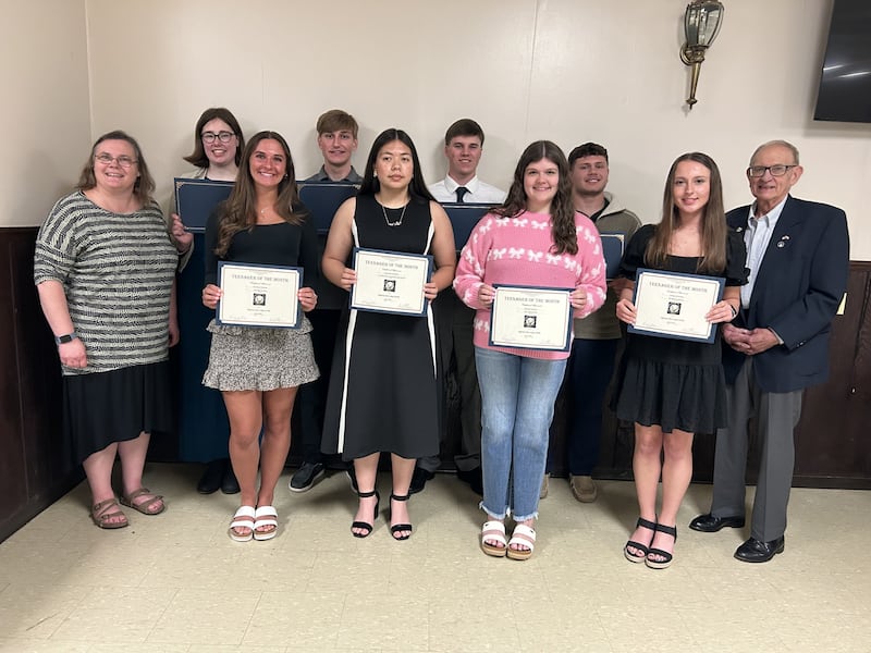 Teen of the Month winners were recognized by the Oglesby Elks Lodge #2360 during a recent awards banquet. Front row from left: Lisa Fultz, Americanism Chair and Past Exalted Ruler; Kennedy Wozniak, Alexandra Serratos, Ashland Hansen, and Andrea Brandner, Teen of the Month winners; and Ken Ficek, Past Exalted Ruler. Back row from left: Annalise Ricci, Zachary Quick, Phillip Gray, and Cameron Olivero, Teen of the Month winners.