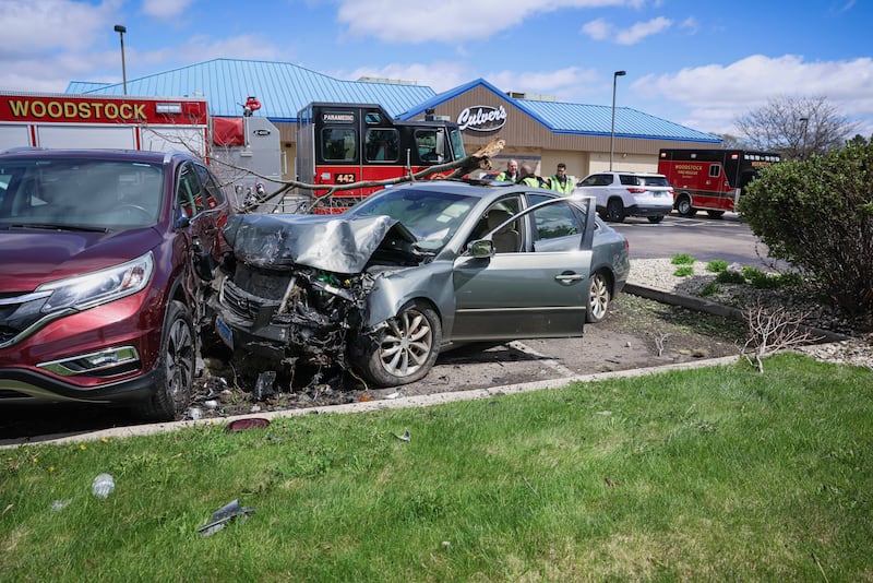 A car left Route 14 in Woodstock and hit several cars in the Culver's parking lot, Saturday, April 18, 2026.