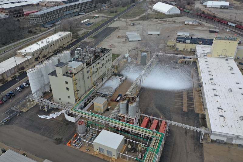 A white chemical substance covers a large portion of the Epsilyte LLC plant on Friday, May 28, 2025 on Water Street in Peru. The explosion happened shortly after 9:30a.m.