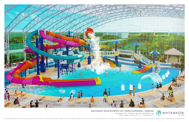 A rendering shows equipment for Bradley's indoor waterpark.
