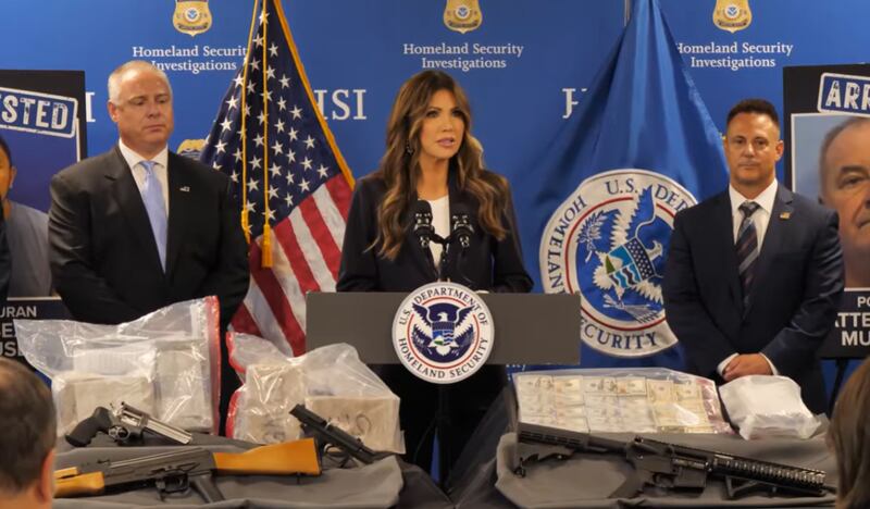 U.S. Homeland Security Secretary Kristi Noem holds a news conference at at Homeland Security office in Lombard on Friday, August 8, 2025.