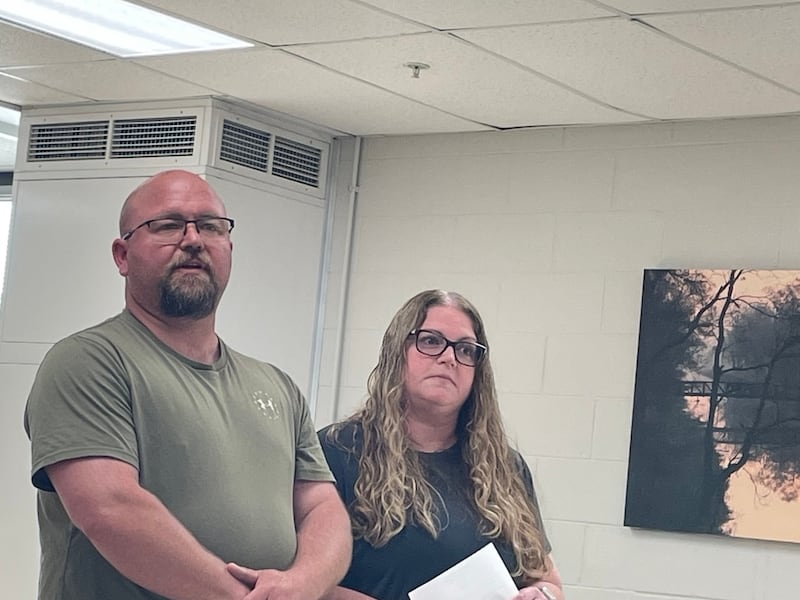 Joshua Corcoran and Mary Jo Tillman, who seek to develop the lot at 615 S. Clark St., immediately south of the Village Green House, discuss their plans for a farmers market at the Thursday, May 1, 2025, meeting of the Utica Village Board.
