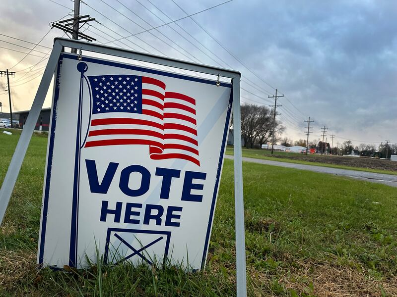 The sun tries to peak out at sunrise over a Vote Here sign on Tuesday, Nov. 5, 2024 at the Moose Lodge in Princeton.